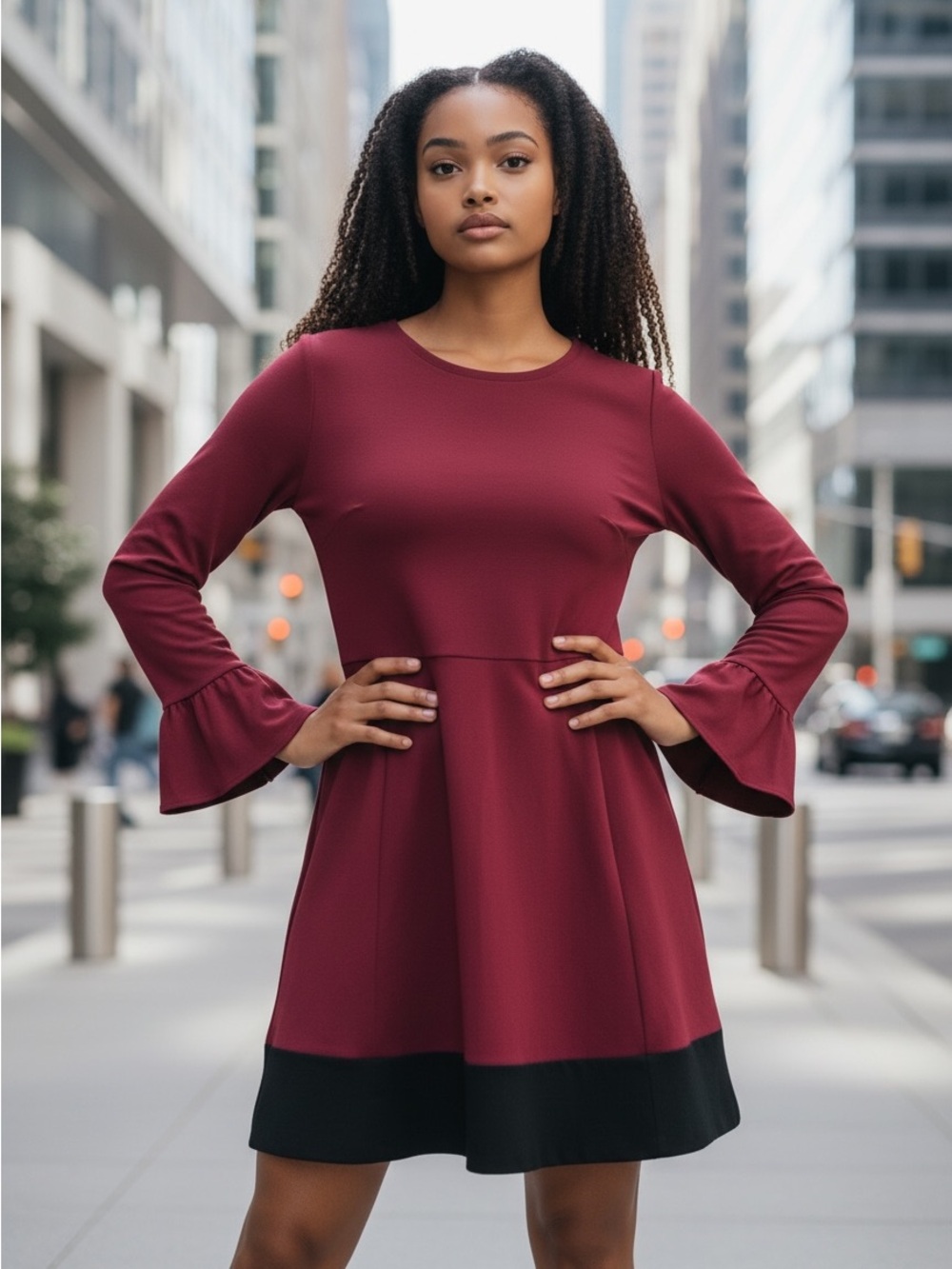 Kate Spade Colorblock Bell Sleeve Ponte Dress Cranberry Red Black L
